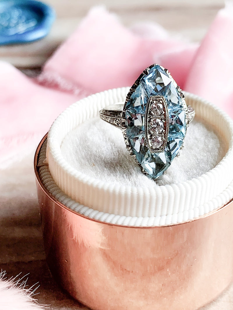 18k Art Deco Diamond & Aquamarine Navette Ring