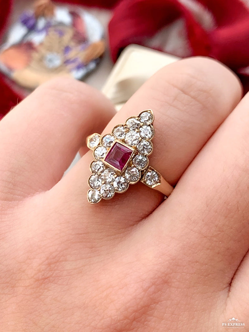 18k Deco OEC Diamond & Ruby Ring