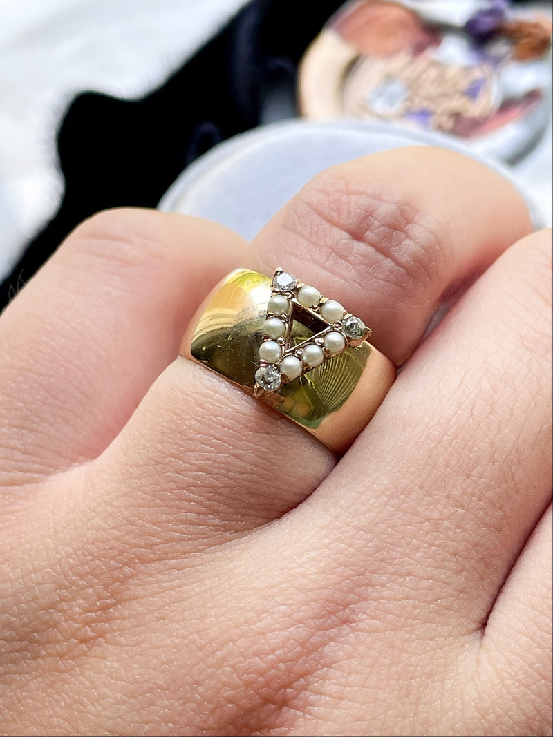 14k Victorian Diamond & Seed Pearl Ring